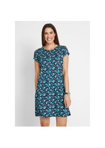 bonprix, Damen, Shirtkleid Packung, 2 tlg. f&uuml;r warme Tage, aus reiner Baumwolle, leicht ausgestellte Form, dunkelblau gebl&uuml;mt+karibikblau uni, 48/50 (