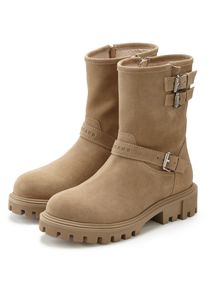 Stiefelette ELBSAND "Stiefel, Boots, Bikerboots, Lederstiefelette, Lederboots", Damen, Gr. 36, Lederimitat Textil, beige, Obermaterial: 100% Rindsleder. Decksohle: 100% Textilmaterial. Futter: 85% Textilmaterial, 15% Lederimitat. Laufsohle: 100% Synthetik, Veloursleder, unifarben, Basic, Schuhe Stiefelette, aus Leder mit trendigen Zierschnallen