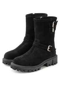 Stiefelette ELBSAND "Stiefel, Boots, Bikerboots, Lederstiefelette, Lederboots", Damen, Gr. 39, schwarz, Obermaterial: 100% Rindsleder. Decksohle: 100% Textilmaterial. Futter: 85% Textilmaterial, 15% Lederimitat. Laufsohle: 100% Synthetik, Veloursleder, unifarben, Schuhe Stiefelette, aus Leder mit trendigen Zierschnallen