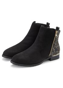 Stiefelette Lascana "Ankle Boots, Stiefel", Damen, Gr. 41, schwarz (schwarz, leo), Obermaterial: 100% Textilmaterial. Decksohle: 100% Textilmaterial. Futter: 100% Textilmaterial. Laufsohle: 100% Synthetik, unifarben mit Farbeinsatz, Basic, Schuhe Stiefelette, mit Leo-Print VEGAN, Topseller