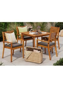 Ambia Garden Gartentischgruppe, Anthrazit, Teakfarben, Holz, Textil, Akazie, Hartholz, F&uuml;llung: Komfortschaum, quadratisch, S&auml;ule, 90x65x75 cm, Gartenm&ouml;bel, Gartengarnituren, Gartenm&ouml;bel-Sets