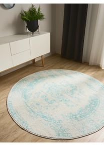 benuta Basic Matta Sia Creme/turkos &oslash; 120 cm runt Syntetisk fiber Vintage