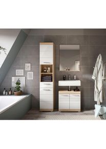 Mid.you , Sonoma Eiche, Wei&szlig; Hochglanz , Glas, Holzwerkstoff , 4 F&auml;cher , 1 Schublade(n) Schubladen , 97 cm , FSC MIX , stehend, Spiegel mit Ablage , Badezimmer, Badm&ouml;bel-Sets & -Serien, Badm&ouml;bel-Sets