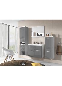 P & B , Grau, Wei&szlig; , Holzwerkstoff , 2 F&auml;cher , 5 Schublade(n) Schubladen , 120 cm , FSC , h&auml;ngend, Spiegel mit Ablage , Badezimmer, Badm&ouml;bel-Sets & -Serien, Badm&ouml;bel-Sets