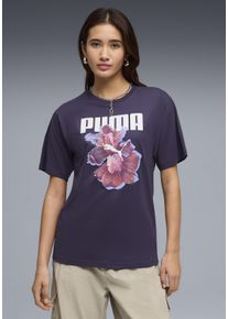 T-Shirt Puma "GRAPHICS RELAXED FLOWER TEE", Damen, Gr. XL, lila (deep plum), Jersey, Obermaterial: 100% Baumwolle, bedruckt, relaxed fit normal, Rundhals, Shirts T-Shirt, lockere Passform, Kurzarm, Rundhalsausschnitt