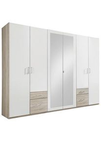 Mid.you , Wei&szlig;, Eichefarben , Glas, Holzwerkstoff , 3 F&auml;cher , 4 Schublade(n) Schubladen , 270x210x58 cm , Schlafzimmer, Kleiderschr&auml;nke, Dreht&uuml;renschr&auml;nke
