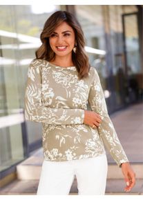 Dames Pullover met ronde hals van gebreide jersey in ecru/beige bedrukt ,maat 36, WITT, 60% Viscose, 40% Katoen