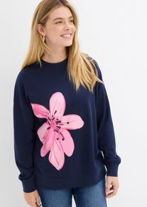 Sweatshirt bonprix, Damen, Gr. 40/42 (M), dunkelblau bedruckt, Sweatware, Obermaterial: 60% Baumwolle, 40% Polyester, bedruckt, unifarben, oversize Po-bedeckend, Rippb&uuml;ndchen, Sweatshirts Sweatshirt, Oversize-Passform, mit gro&szlig;em Blumendruck