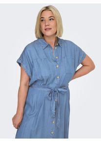 Jeanskleid Only CARMAKOMA "CARPEMA HANNOVER SS DNM SH DRESS NOOS", Damen, Gr. 52, N-Gr, medium blau denim, Obermaterial: 100% Lyocell, unifarben, loose fit kniebedeckend, Rundhals, Kleider Jeanskleid