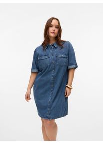Jeanskleid Vero Moda CURVE "VMCJENNIE SS SHORT DENIM DRESS GA CUR", Damen, Gr. 44, N-Gr, medium blau denim, Denim/Jeans, Obermaterial: 90% Baumwolle, 10% Viskose, unifarben, regular fit kurz, mit Umschlag, Kleider Jeanskleid