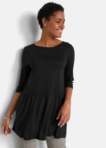 Longshirt bonprix, Damen, Gr. 36/38 (S), schwarz, Jersey, Obermaterial: 100% Viskose, unifarben, A-Linie ca. Mitte Oberschenkel, Rundhals, Shirts Longshirt, bequeme A-Linien-Passform mit angesetztem Volant, 3/4-&Auml;rmel