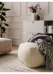 benuta pure Pouf en laine fait main Beads Cr&egrave;me 55x55x30 cm0000 - Tapis en fibres naturelles