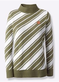 Damen Pullover aus Jacquard-Strick in oliv-ecru-geringelt ,Gr&ouml;&szlig;e 48, WITT, 50% Baumwolle, 50% Polyacryl