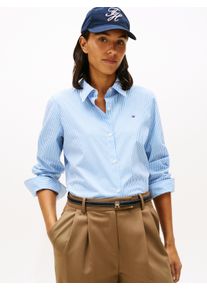 Hemdbluse Tommy Hilfiger "ESS POPLIN REGULAR SHIRT", Damen, Gr. 42, classic ithaca stp mesmerizing blau, Web, Obermaterial: 97% Baumwolle, 3% Elasthan, gestreift, regular fit Po-bedeckend, 1-Knopf-Manschette mit Schlitz, Blusen Hemdbluse, Langarm, Regular Fit