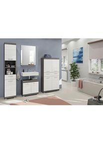 Mid.you , Grau, Wei&szlig; Hochglanz , Holzwerkstoff , 6 F&auml;cher , 2 Schublade(n) Schubladen , 171 cm , FSC MIX , Spiegel mit Ablage , Badezimmer, Badm&ouml;bel-Sets & -Serien, Badm&ouml;bel-Sets
