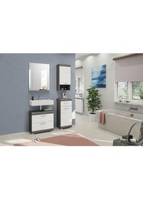 Mid.you , Grau, Wei&szlig; Hochglanz , Holzwerkstoff , 3 F&auml;cher , 3 Schublade(n),2 Schublade(n) Schubladen , 112 cm , FSC MIX , Spiegel mit Ablage , Badezimmer, Badm&ouml;bel-Sets & -Serien, Badm&ouml;bel-Sets