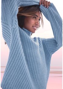 Stehkragenpullover Buffalo, Damen, Gr. 52/54, blau meliert, Strick, Obermaterial: 64% Polyester, 23% Polyacryl, 10% Polyamid, 3% Wolle, meliert, figurumspielend h&uuml;ftlang, Pullover Stehkragenpullover, in Melange-Optik, warmer Strick