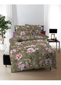 Bettw&auml;sche Kaeppel "Magnolia", gr&uuml;n (oliv), B/L: 140cm x 200cm, Feinbiber, B/L: 70cm x 90cm, 2 Stk., Feinbiber, Obermaterial: 100% Baumwolle, Bettw&auml;sche, Bettw&auml;sche