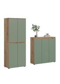 Livetastic , Eichefarben, Graugr&uuml;n , Holzwerkstoff , 15 F&auml;cher , 190x175x37 cm , FSC MIX , griffloses &Ouml;ffnen , Garderobe, Garderobenschr&auml;nke