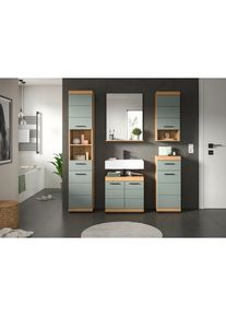 Mid.you , Eichefarben, Salbeigr&uuml;n , Glas, Holzwerkstoff , 6 F&auml;cher , 2 Schublade(n) Schubladen , 134 cm , FSC MIX , stehend, Spiegel mit Ablage , Badezimmer, Badm&ouml;bel-Sets & -Serien, Badm&ouml;bel-Sets