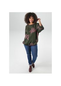 Aniston PLUS, Damen, Schlupfbluse mit gro&szlig;fl&auml;chigem Blumendruck, olive-pink, 44, Bluse aus weich fallender Viskose