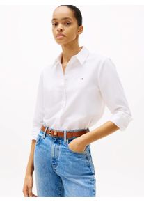Hemdbluse Tommy Hilfiger "OXFORD RELAXED FIT SHIRT mit Hemdblusenkragen und Stickerei", Damen, Gr. 34, wei&szlig; (optic wei&szlig;), Web, Obermaterial: 100% Baumwolle, unifarben, relaxed fit h&uuml;ftlang, &Auml;rmel mit &Auml;rmelschlitz 1-Knopf-Manschette, Blusen Hemdbluse, Baumwolle, relaxed fit