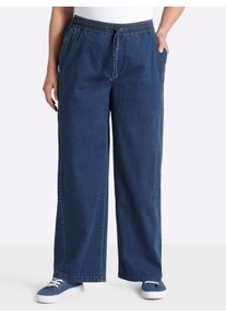 sheego Dames Broek met wijde pijpen en bindceintuur in blue-stonewashed ,maat 40, Witt, 99% Katoen, 1% Elastan