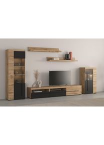 Wohnwand OTTO HOME "Roger,Breite 270 cm moderne Mediawand ohne Beleuchtung", braun (wotan eiche, schwarz), B:270cm H:160cm T:40cm, Holzwerkstoff, Kunststoff, Melamin, Metall, Kastenm&ouml;bel-Sets, Wohnwand, Anbuwand (Set,5-St) viel Stauraum, Vitrinen mit Glast&uuml;r