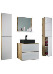 Mid.you , Wei&szlig;, Honigeiche , Glas, Keramik, Holzwerkstoff , 4 F&auml;cher , 2 Schublade(n),2 Schublade(n) Schubladen , 127 cm , h&auml;ngend, individuelle Inneneinteilung, Spiegel mit Ablage , Badezimmer, Badm&ouml;bel-Sets & -Serien, Badm&ouml;bel-Sets