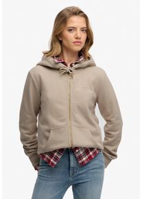 Kapuzensweatjacke Superdry "Essential Logo Ziphood Hb", Damen, Gr. L, beige (feather grau), Sweatware, Obermaterial: 70% Baumwolle, 30% Polyester, unifarben, normal, Rundhals, Rippb&uuml;ndchen, Sweatjacken Kapuzensweatjacke, Mit Logostickerei