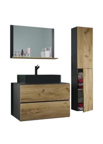 Mid.you , Anthrazit, Honigeiche , Glas, Keramik, Holzwerkstoff , 2 F&auml;cher , 2 Schublade(n),2 Schublade(n) Schubladen , 94 cm , h&auml;ngend, Spiegel mit Ablage , Badezimmer, Badm&ouml;bel-Sets & -Serien, Badm&ouml;bel-Sets