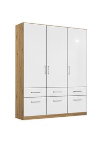 Rauch M&ouml;bel , Eiche Artisan, Wei&szlig; Hochglanz , Holzwerkstoff , 2 F&auml;cher , 6 Schublade(n) Schubladen , 136x197x54 cm , Blauer Engel, Made in Germany , Schlafzimmer, Kleiderschr&auml;nke, Dreht&uuml;renschr&auml;nke