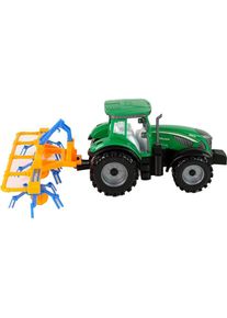 Lean Toys Gr&uuml;ner Traktor mit orangefarbenem und blauem Rechen-Reibungsantrieb