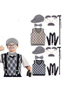 Boys 100 Days of School Grandpa Costume Set For 3-12yr Boys Old Man Costume Vest Hat Accessories Halloween Dress up Fancy Outfit