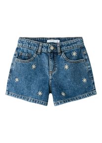 Jeansshorts name it "NKFBELLA REG DNM SHORTS 3674-BE NOOS", M&auml;dchen, Gr. 134, N-Gr, blau (medium blau denim detail:daisy), Denim/Jeans, Obermaterial: 100% Baumwolle, Abriebeffekte, bestickt, gebl&uuml;mt, regular fit kurz, Jeans Jeansshorts, Baumwolle, verstellbarer Bund, bestickte Details