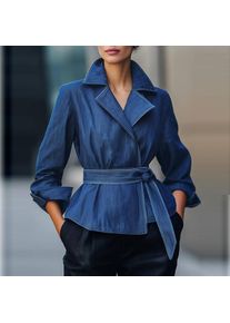 Fall Spring 2026 Fashion Denim Jean Jacket Woman Long Sleeves Vintage Blue Autumn Casual Outerwear with Belt for Female