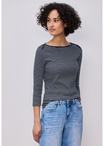 3/4-Arm-Shirt Street One, Damen, Gr. 38, shadowed navy, Rippware, Obermaterial: 96% Baumwolle, 4% Elasthan, geringelt, gestreift, l&auml;ssig geschnitten h&uuml;ftbedeckend, U-Boot-Ausschnitt, abgesteppte Kante, Shirts 3/4-Arm-Shirt, mit Streifen und in Ripp-Qualit&auml;t