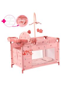 BAYER, Puppenbett &raquo;Multibett&laquo; mit integriertem Hochstuhl, Wickelablage und Mobile, Blumen altrosa,