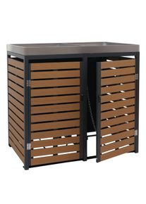 2er M&uuml;lltonnenverkleidung HWC-K14, M&uuml;lltonnenbox mit Pflanzkasten, 124x134x84cm WPC Edelstahl 79kg ~ Teak-Optik