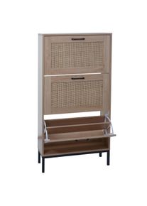 Schuhschrank HWC-N92, Schuhkipper Schuhregal, 3 F&auml;cher Rattanfront Melamin, 126x63x24cm ~ Eiche-Optik