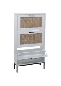 Schuhschrank HWC-N92, Schuhkipper Schuhregal, 3 F&auml;cher Rattanfront Melamin, 126x63x24cm ~ wei&szlig;