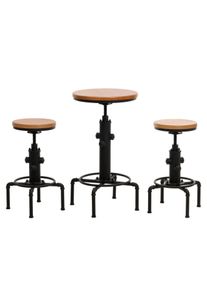 Set Bartisch + 2x Barhocker HWC-N23, Barstuhl Stehtisch h&ouml;henverstellbar drehbar Fu&szlig;ablage Industrial Eisen Holz ~ natur