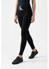 Leggings Calvin Klein Jeans "CKJ WOMEN LEGGING 1P HIGH-WAIST MONOGRAM", Damen, Gr. M, N-Gr, schwarz, Web, Obermaterial: 90% Polyamid, 9% Elasthan, 1% Polyester, sehr figurbetont lang, Hosen Leggings, Komfortabler Bund