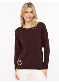 Rundhalspullover Zwillingsherz "Happy Face", Damen, Gr. S, braun, Strick, Obermaterial: 40% Wolle, 30% Viskose, 25% Polyamid, 5% Kaschmir, mehrfarbig, h&uuml;ftbedeckend, Rundhals, Rollkante, Pullover Rundhalspullover, Stickerei, aufgerollte kontrastfarbige B&uuml;ndchen