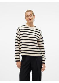 V&eacute;ro Moda Rundhalspullover VERO MODA "VMSABA LS O-NECK BUTTON PULLOVER GA NOOS", Damen, Gr. M, beige (birch stripes:schwarz), Strick, Obermaterial: 50% Viskose, 28% Polyester, 22% Nylon, gestreift, taillenlang, Rundhals, Pullover Rundhalspullover, mit Zierkn&ouml;pfen auf der linken Schulter