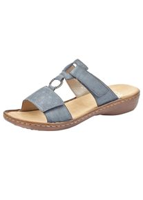 Pantolette RIEKER, Damen, Gr. 42, blau (jeansblau), Lederimitat, unifarben, Schuhe Pantolette, Keilabsatz, Sommerschuh, Schlappen mit Schmuckring