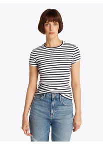 Kurzarmshirt Tommy Jeans "TJW ESSENTIAL RIB SHORT SLEEVE EXT", Damen, Gr. S (36), blau (schwarz night navy stripes), Single Jersey, Obermaterial: 95% Baumwolle, 5% Elasthan, gestreift, slim fit h&uuml;ftlang, Rundhals, abgesteppte Kante, Shirts Kurzarmshirt, Baumwollmischung in gerippter Struktur, Slim Fit