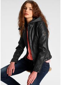 Lederjacke Mauritius "Cacey LEGV", Damen, Gr. XL, schwarz, Obermaterial: 100% Schafsleder. Futter: 100% Baumwolle. Kapuze: 60% Baumwolle, 40% Polyester. &Auml;rmelfutter: 100% Polyester, unifarben, regular fit kurz, eingesetzt abgesteppt, Jacken Lederjacke, mti Kapuze, Rei&szlig;verschluss, Ziersteppung
