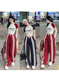 Fashion Suit Women's Summer New Shoulder Sleeves Short-sleeved T-shirt High Waist Wide Leg Pants Street Two-piece Set
