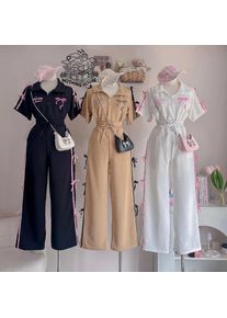 Sweet Suit Women's Summer New Bow-tie Printed POLO Shirt Short-sleeved Wide-leg Trousers Two-piece Set